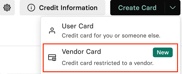 The Create Card menu with Vendor Card highlighted